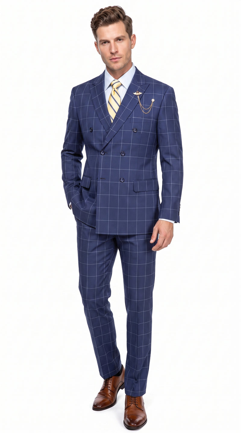 Men’s Blue Plaid Double-Breasted Suit – Side-Vented Wedding, Business and Formal Suit