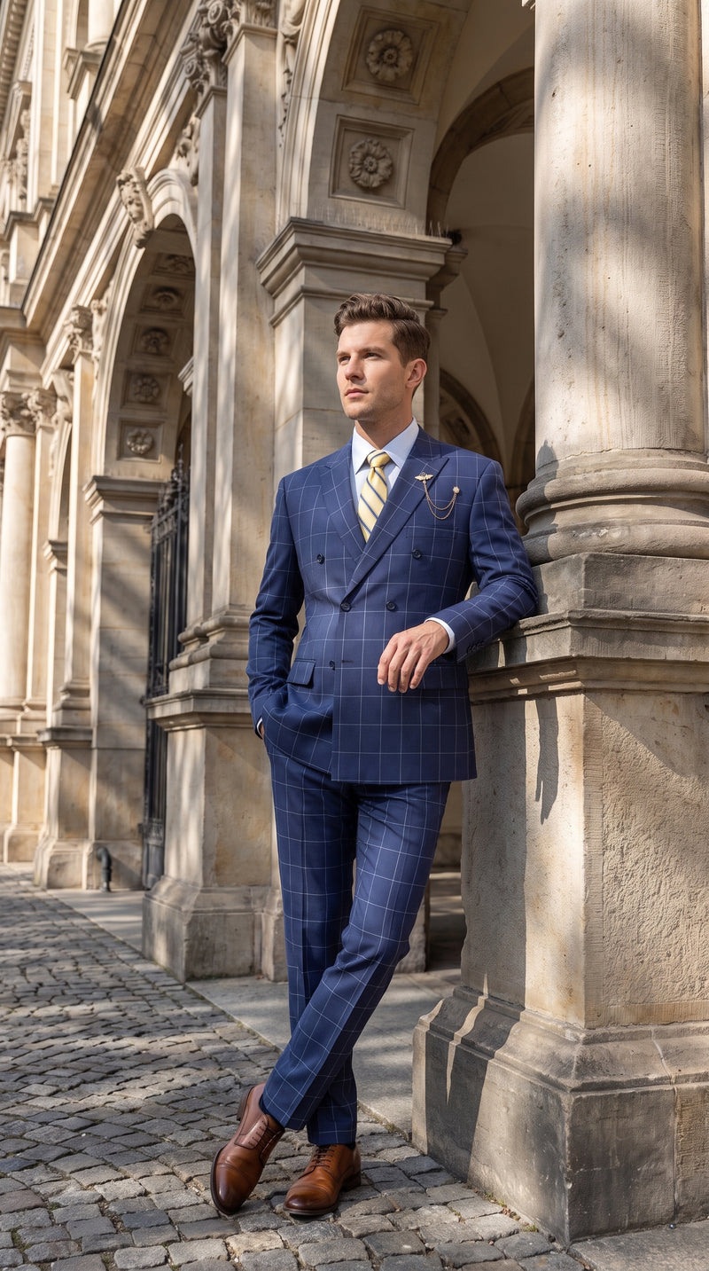 Men’s Blue Plaid Double-Breasted Suit – Side-Vented Wedding, Business and Formal Suit