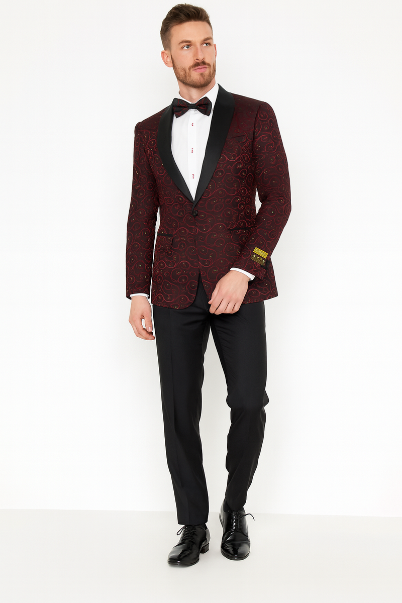 Men's burgundy paisley tuxedo jacket with a slim fit, black satin lapel, and decorative pattern. Includes black bowtie and white dress shirt.