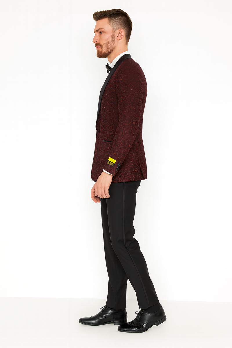 Men's burgundy paisley tuxedo jacket with slim fit, black satin lapel, and paisley pattern. Includes a matching bowtie.