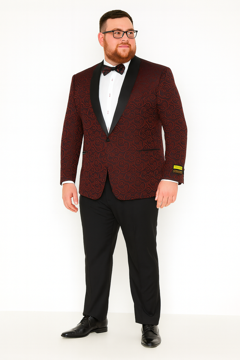 Burgundy paisley tuxedo jacket with black satin lapel. Slim fit, intricate paisley pattern, matching bowtie, smooth fabric. Two front pockets, single-button closure.