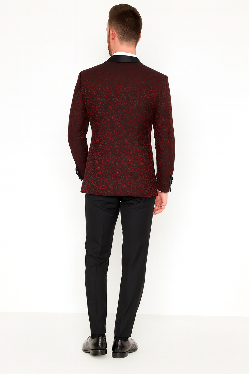 Men's slim-fit burgundy paisley tuxedo jacket with black satin lapel. Darker burgundy swirling paisley pattern on the back.