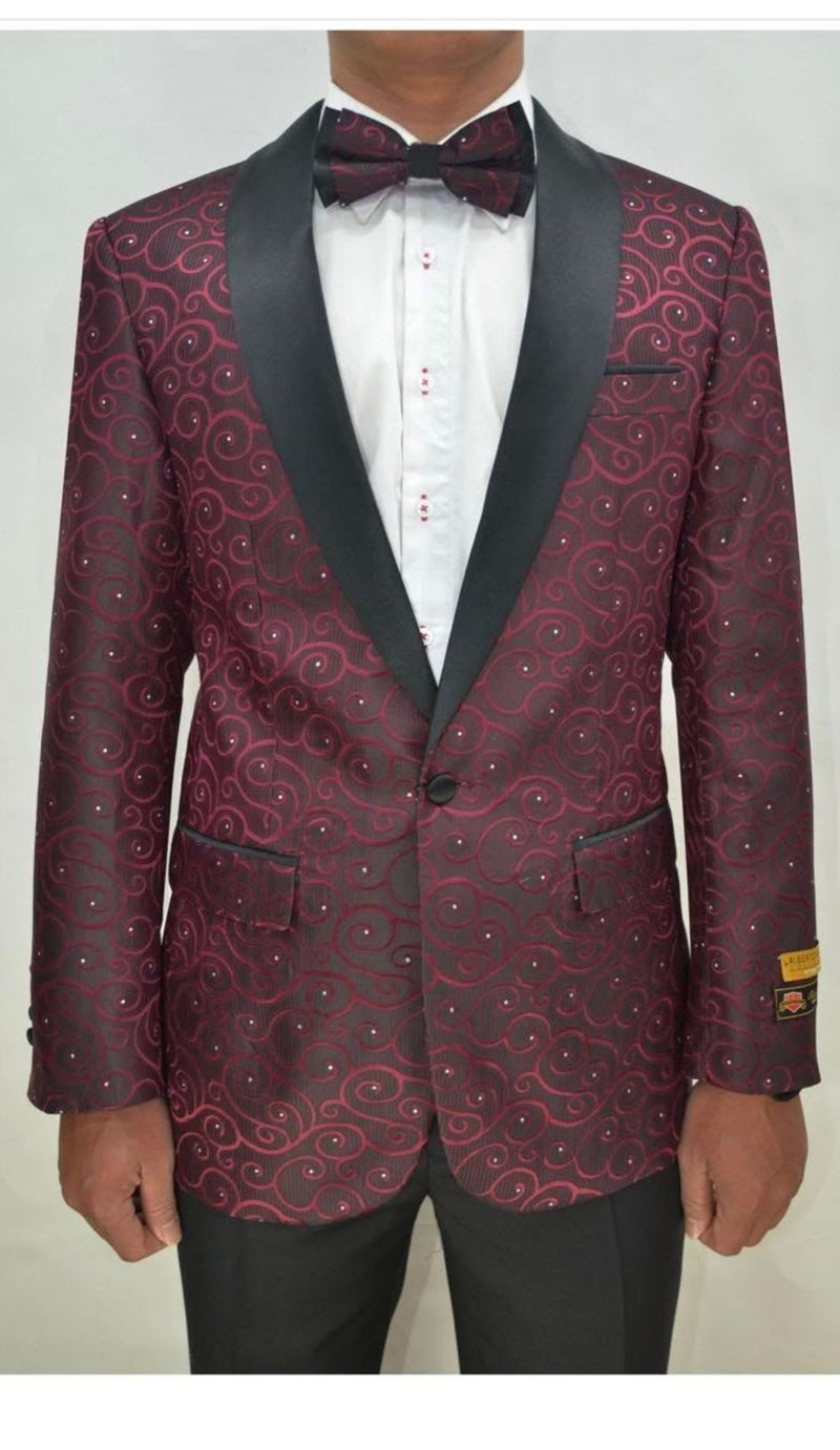 Men's burgundy paisley tuxedo jacket with slim fit, black satin lapel, and swirling paisley pattern. Includes a matching bowtie.