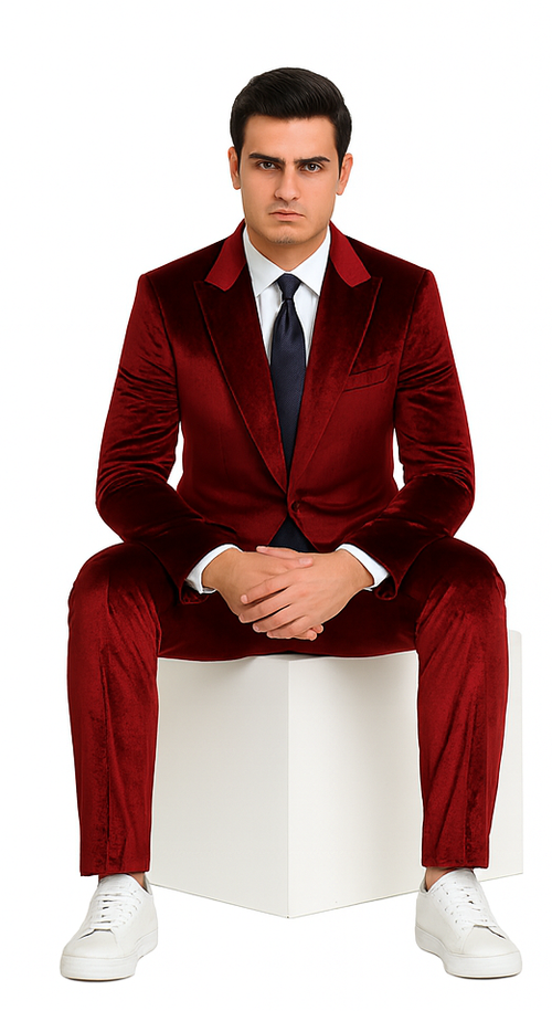 Burgundy velvet men's suit: slim fit, peak lapel, soft & shiny texture. Includes tailored pants complementing jacket style, offering a sophisticated look.