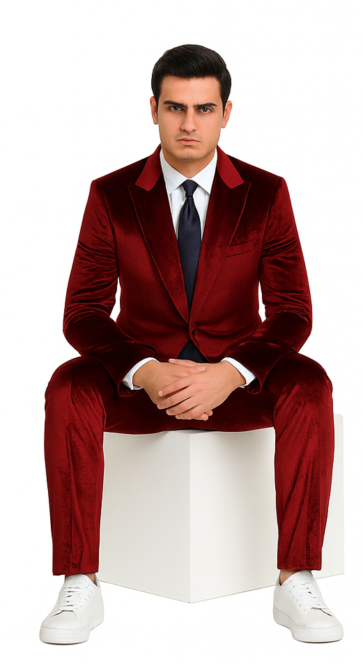 Burgundy velvet men's suit: slim fit, peak lapel, soft & shiny texture. Includes tailored pants complementing jacket style, offering a sophisticated look.