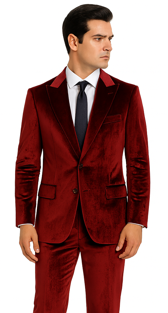 Burgundy velvet men's suit: slim fit, peak lapel, single-button closure. Features jacket with two pockets & matching trousers. Soft, shiny velvet fabric. Tailored waist.