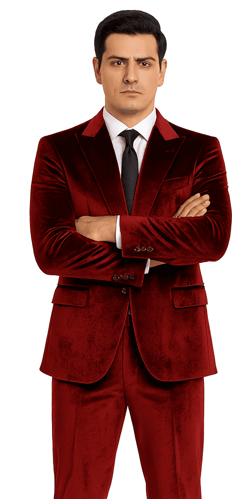 Burgundy men's 2-piece velvet suit. Slim fit, peak lapel, and structured shoulders. Tailored trousers with a soft sheen. Classic elegance.