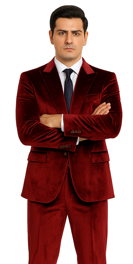 Men’s 2-Piece Velvet Suit – Burgundy Slim Fit Peak Lapel Formal Set by Tazzio