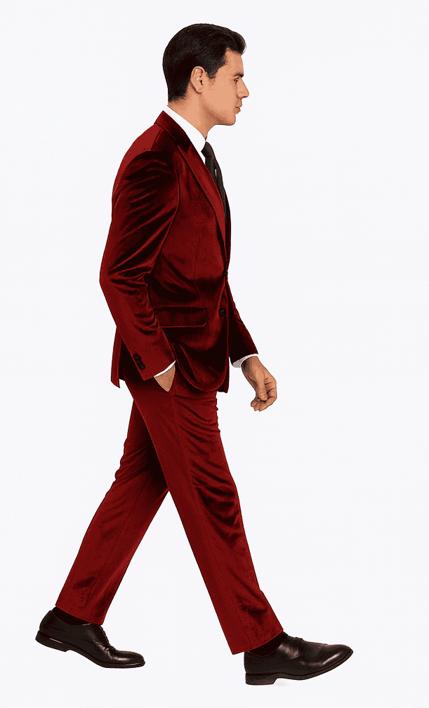 Men's burgundy velvet 2-piece suit. Slim fit, peak lapel, smooth texture. Structured for formal occasions.