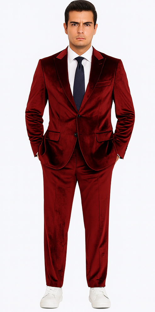 Burgundy velvet men's suit: slim fit, peak lapel, single-button jacket with two pockets. Tailored trousers complete the two-piece ensemble.
