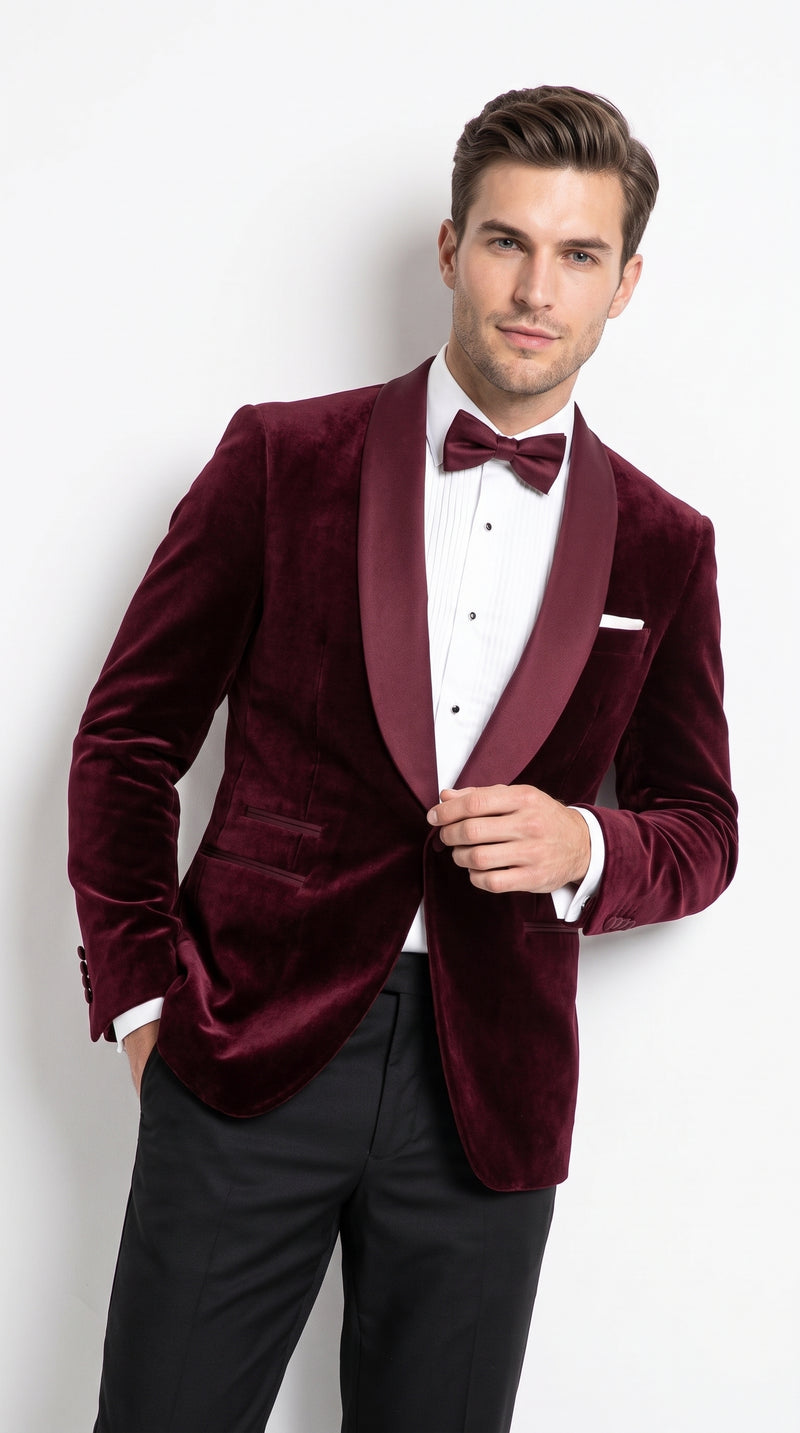 Men’s Burgundy with Burgundy Lapel Velvet Dinner Jacket – Shawl Lapel Tuxedo Blazer for Weddings & Formal Events