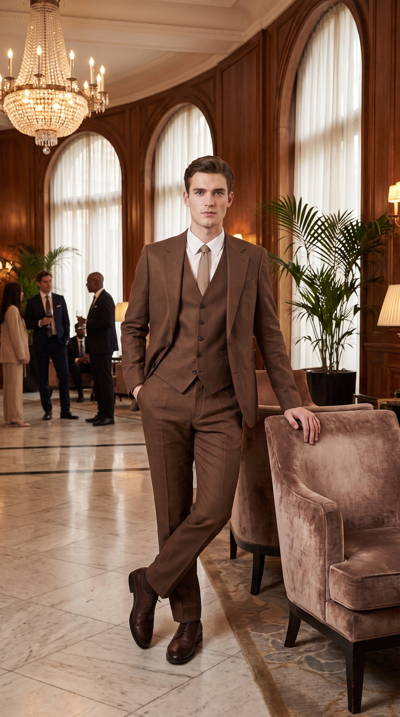 Mens Chestnut Brown 3-Piece Suit – Two-Button Wedding, Business and Formal Suit with Vest Modern Fit