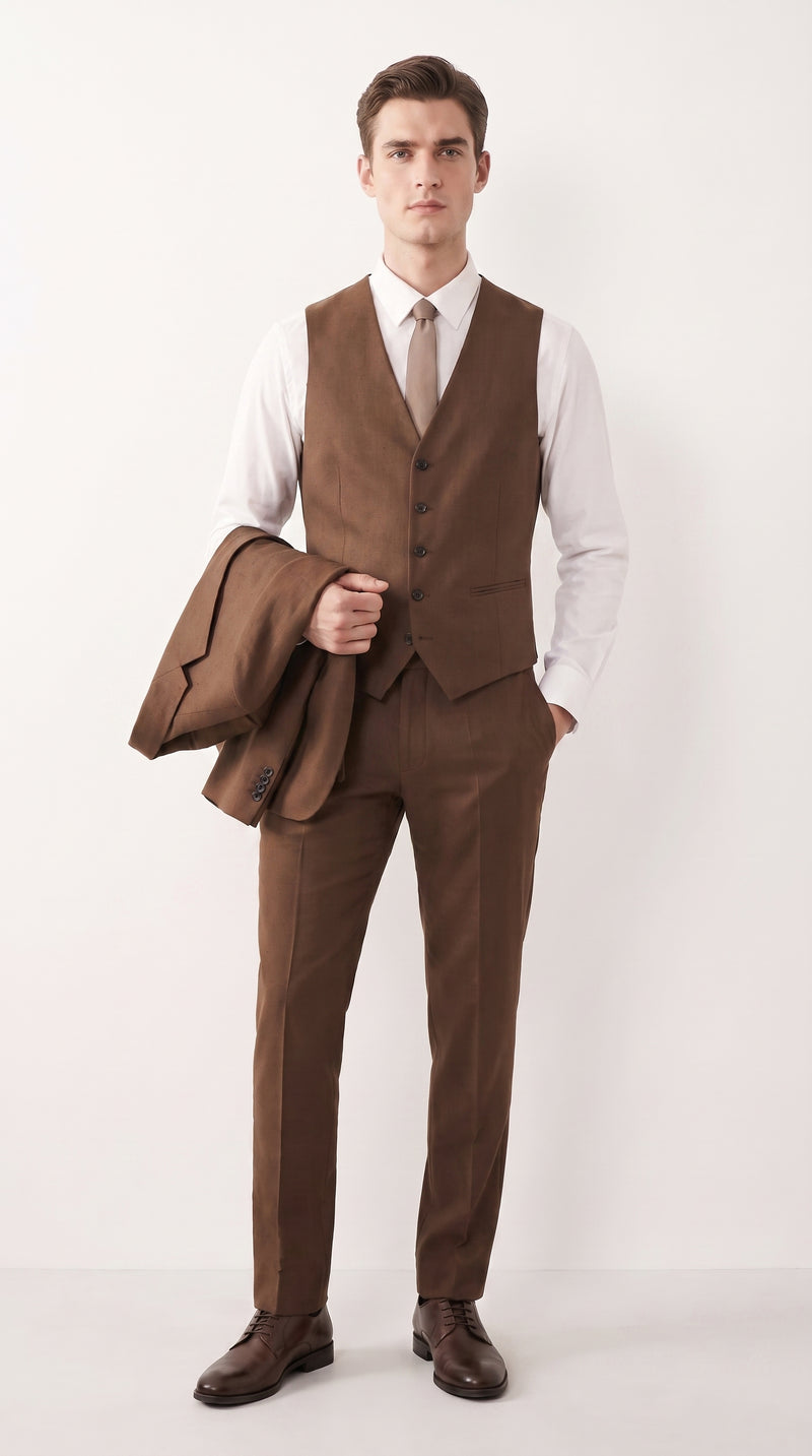 Mens Chestnut Brown 3-Piece Suit – Two-Button Wedding, Business and Formal Suit with Vest Modern Fit