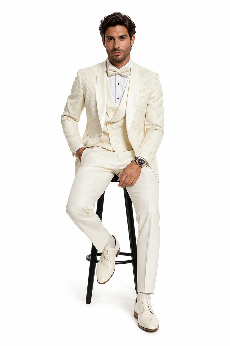Mens Designer Ivory Tuxedo - Elegant Vested Floral Lace Wedding Suit