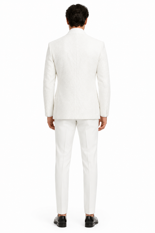 Mens Designer White Tuxedo - Elegant Vested Floral Lace Wedding Suit