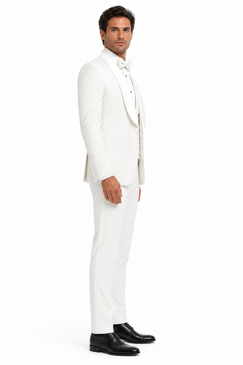 Mens Designer White Tuxedo - Elegant Vested Floral Lace Wedding Suit