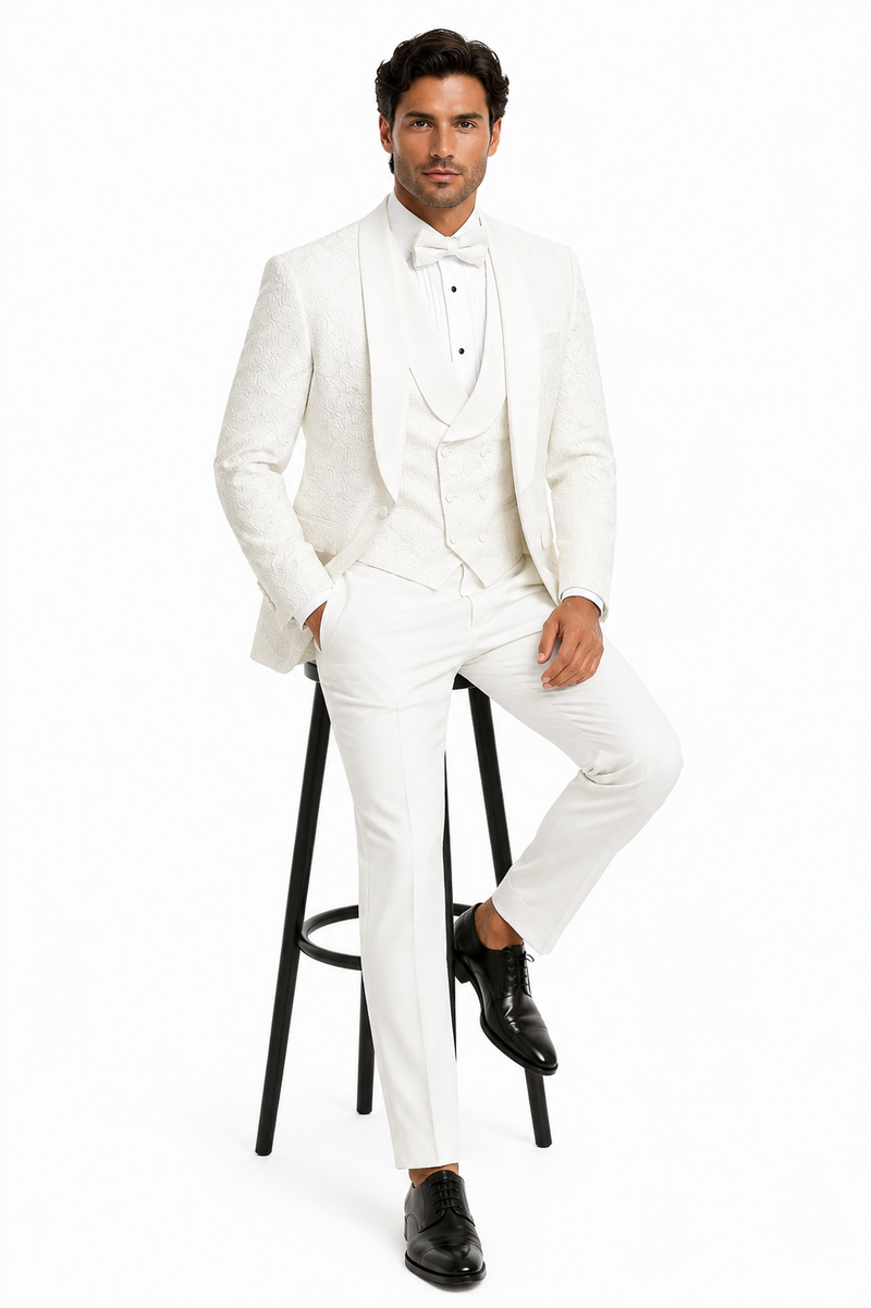 Mens Designer White Tuxedo - Elegant Vested Floral Lace Wedding Suit