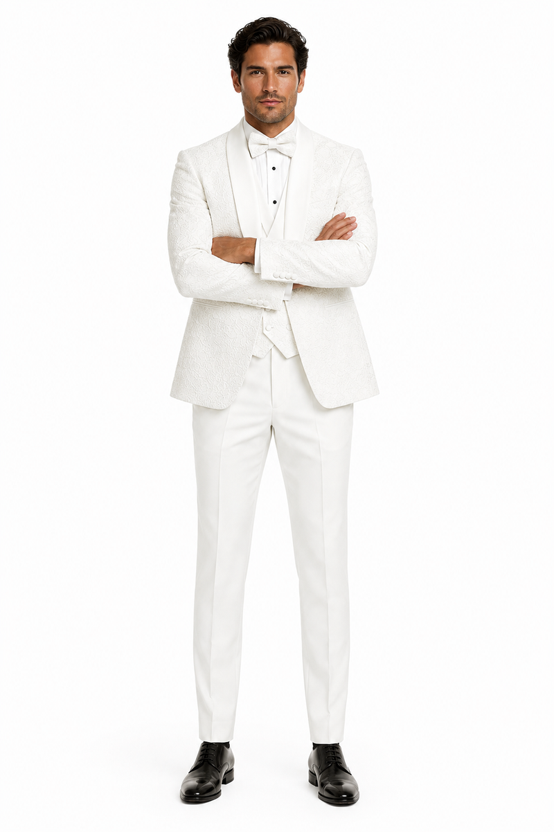 Mens Designer White Tuxedo - Elegant Vested Floral Lace Wedding Suit