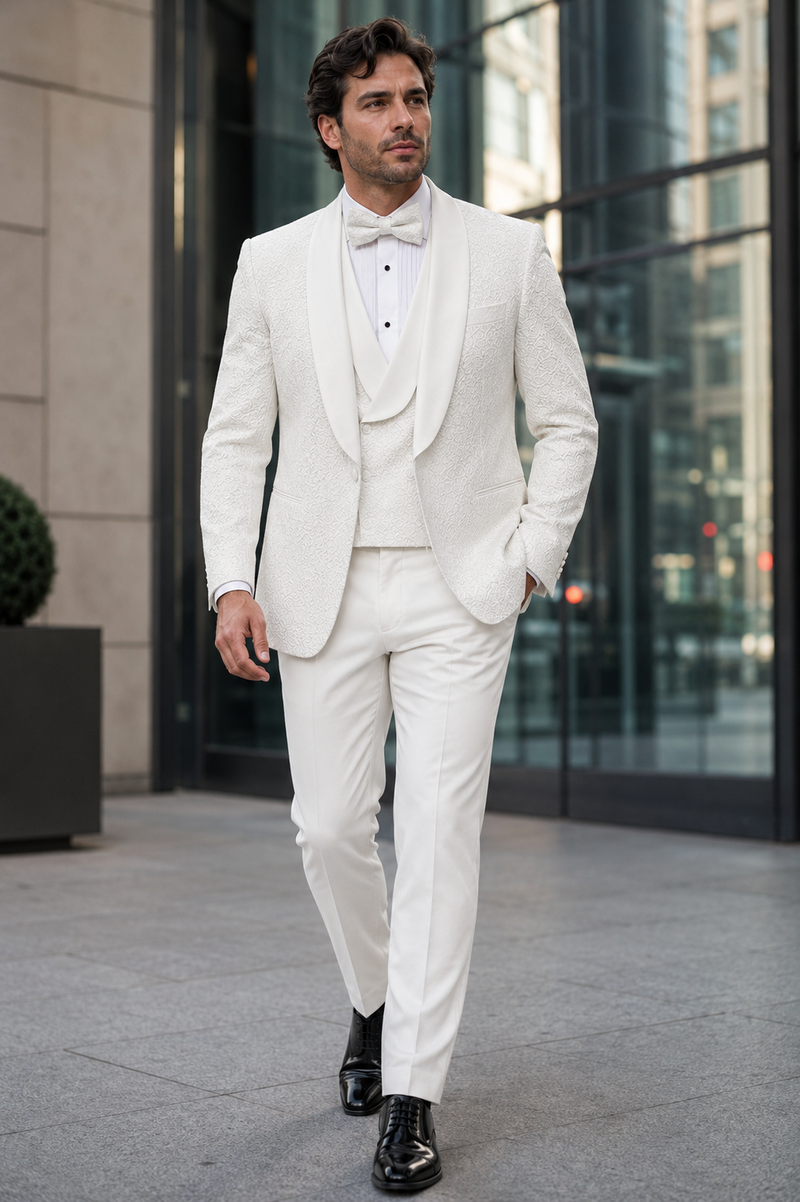 Mens Designer White Tuxedo - Elegant Vested Floral Lace Wedding Suit