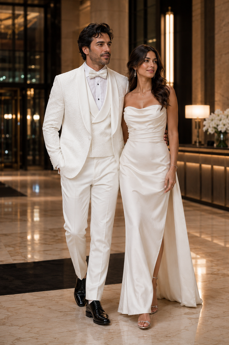 Mens Designer White Tuxedo - Elegant Vested Floral Lace Wedding Suit