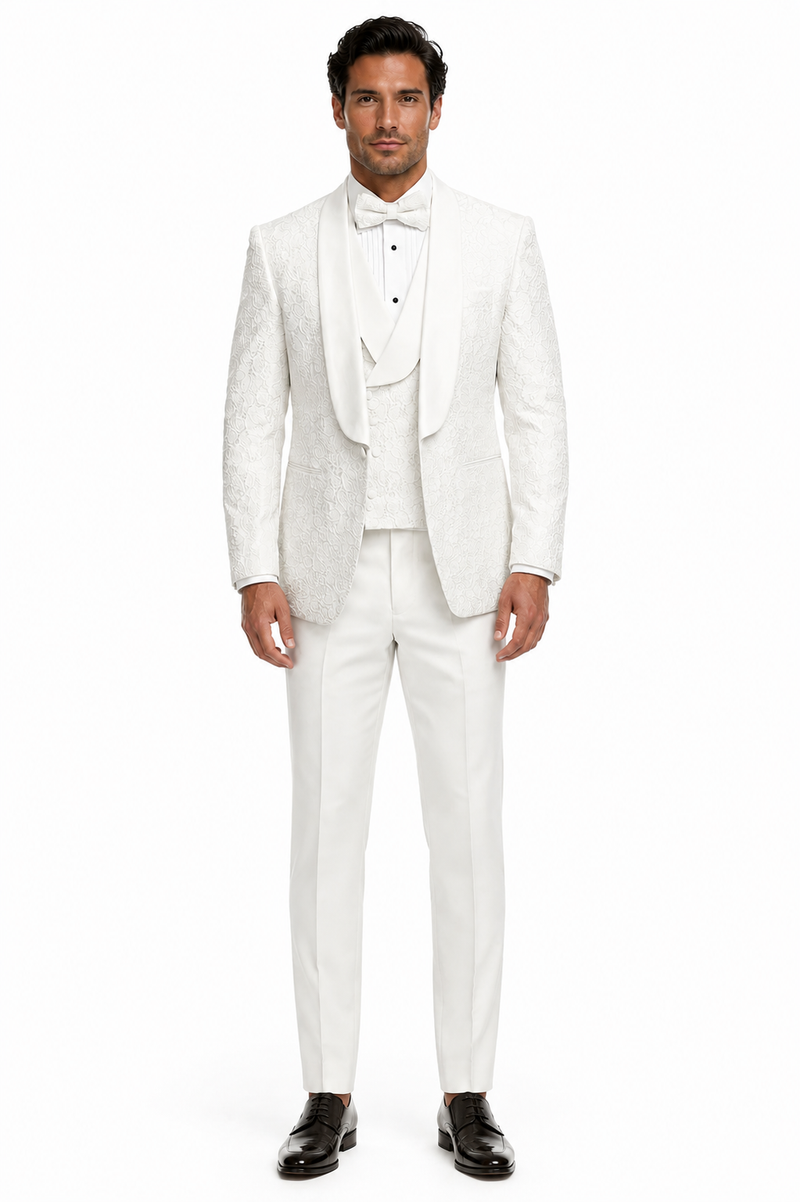 Mens Designer White Tuxedo - Elegant Vested Floral Lace Wedding Suit