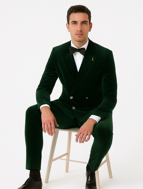 Mens Double Breasted Velvet Blazer - Green blazer