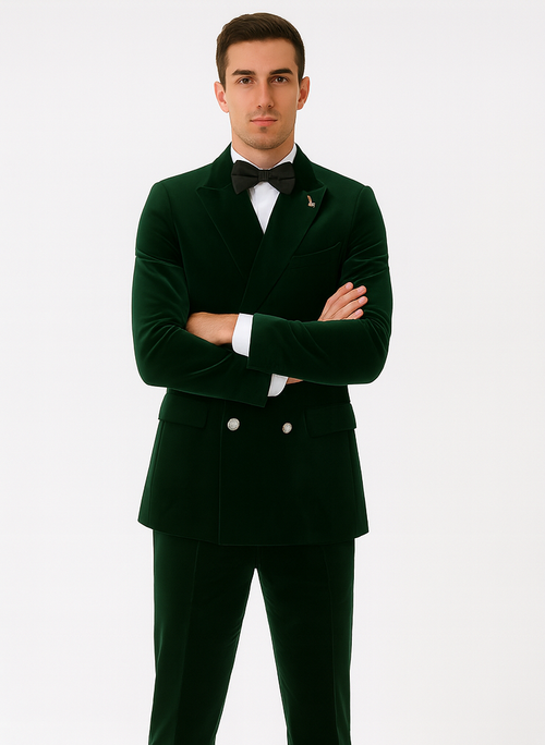 Mens Double Breasted Velvet Blazer - Green blazer