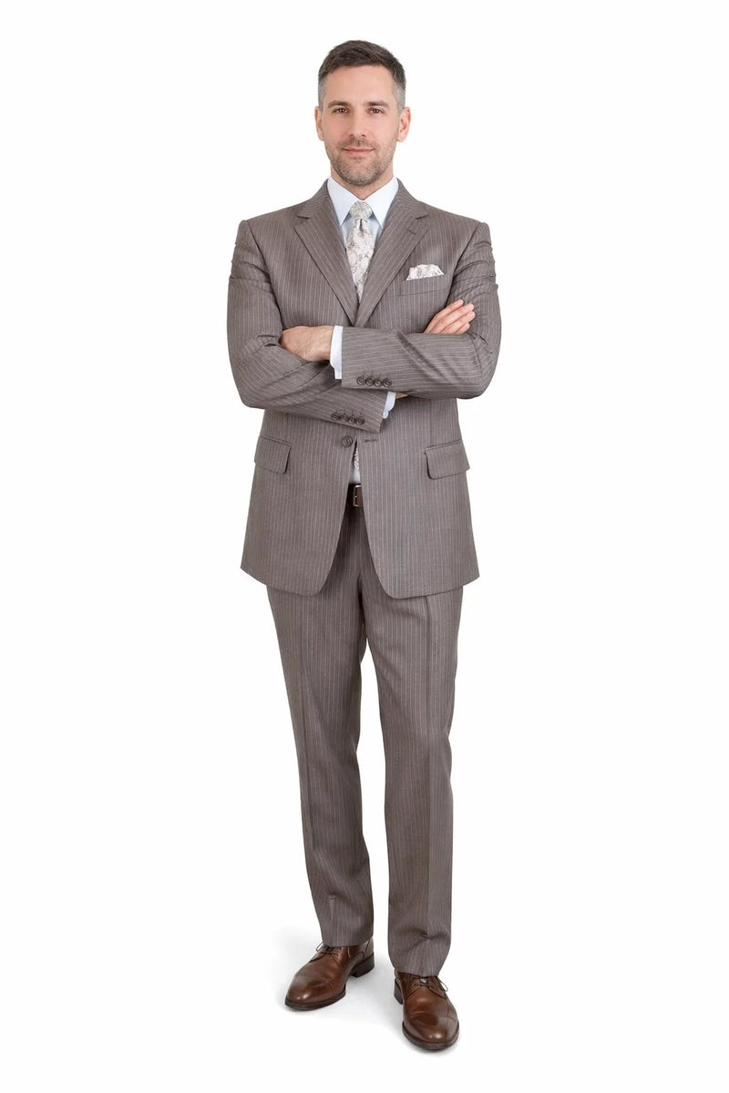 Men’s Great Gatsby Suit – 1920s Classic Fit Tan Banker Pinstripe 3 Button Suit
