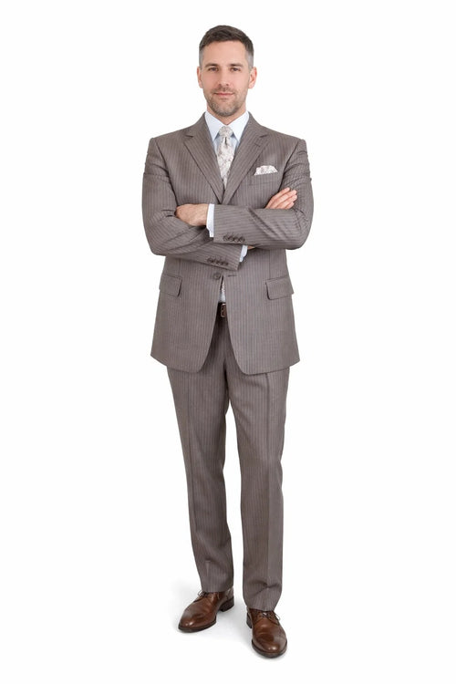 Men’s Great Gatsby Suit – 1920s Classic Fit Tan Banker Pinstripe 3 Button Suit