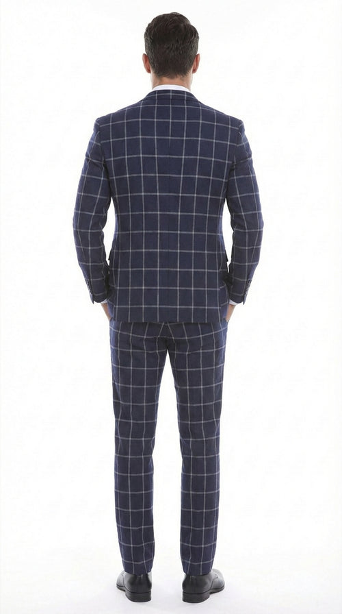 Men’s Navy Blue Windowpane Check Three Piece Suit – Modern Plaid Formal Vested Suit