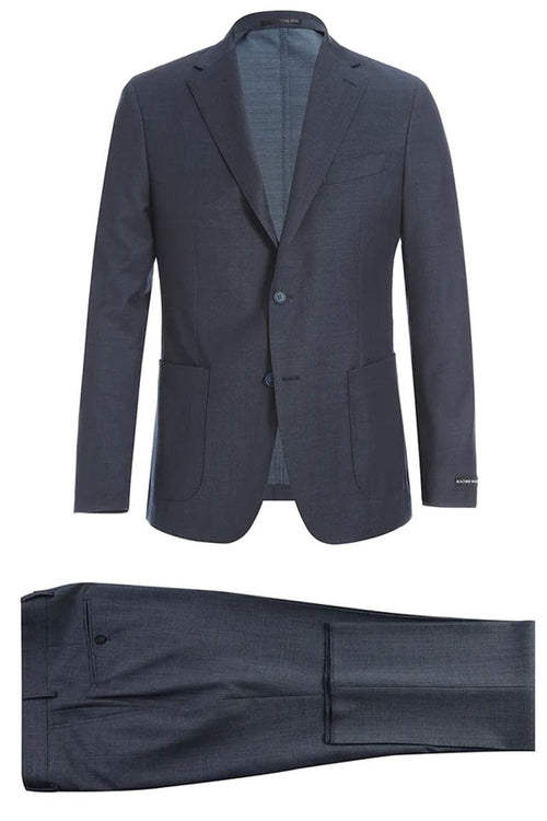 Elegant charcoal grey wool suit. Jacket: notched lapel, two buttons, two pockets. Trousers: straight leg, single back pocket. Smooth fabric texture.