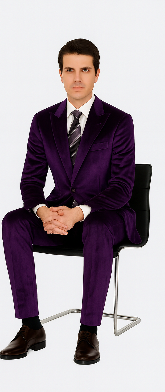 Men's purple velvet tuxedo suit. Slim fit, notched lapels. Includes jacket and trousers. Smooth, deep purple fabric. Paired with white shirt, patterned tie, and polished brown shoes. Formal attire.