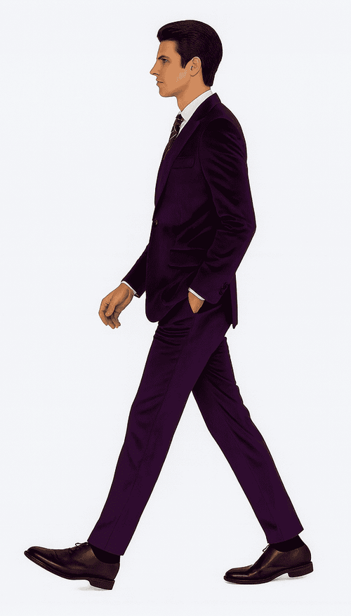 Men's purple velvet slim-fit tuxedo. Two-piece suit with a single-button jacket and straight-leg trousers. Plush fabric in a deep purple. Sleek silhouette.