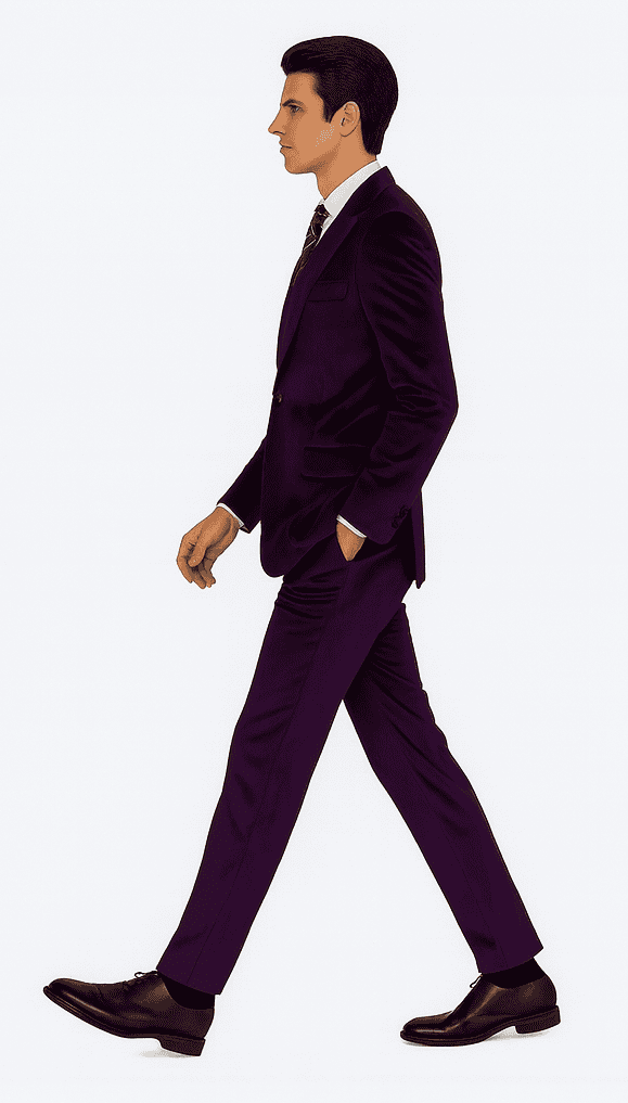 Men's purple velvet slim-fit tuxedo. Two-piece suit with a single-button jacket and straight-leg trousers. Plush fabric in a deep purple. Sleek silhouette.