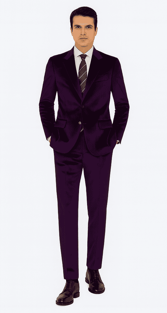 Deep purple velvet tuxedo, slim fit. Two-piece formalwear with single-breasted jacket, notched lapel, and slim trousers. Classic style, elegant design.