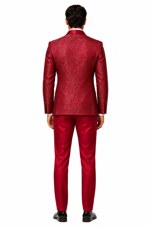 Mens Red Paisley Brocade Prom Tuxedo with Vested Double Breasted Suit - Wedding Ready