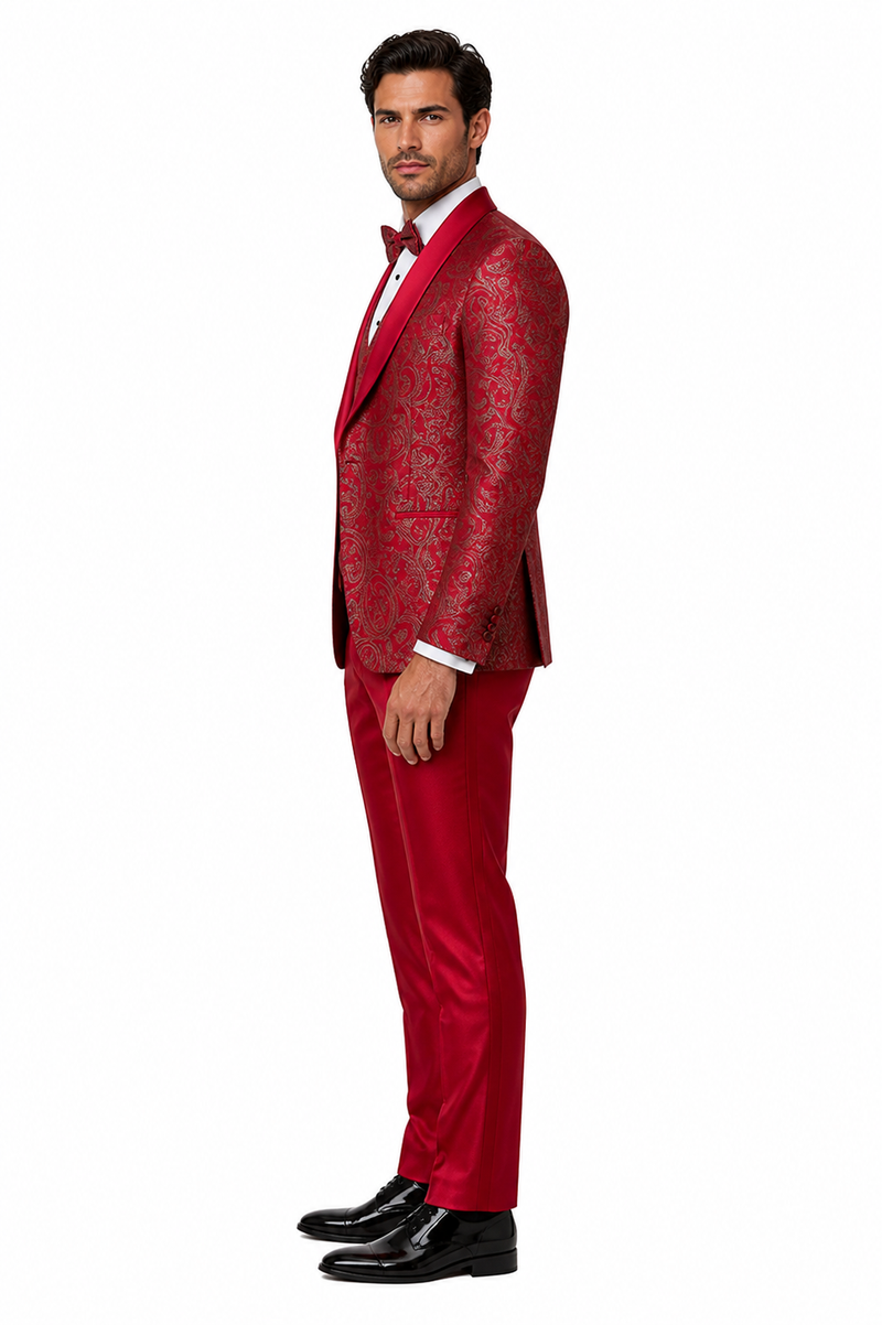 Mens Red Paisley Brocade Prom Tuxedo with Vested Double Breasted Suit - Wedding Ready