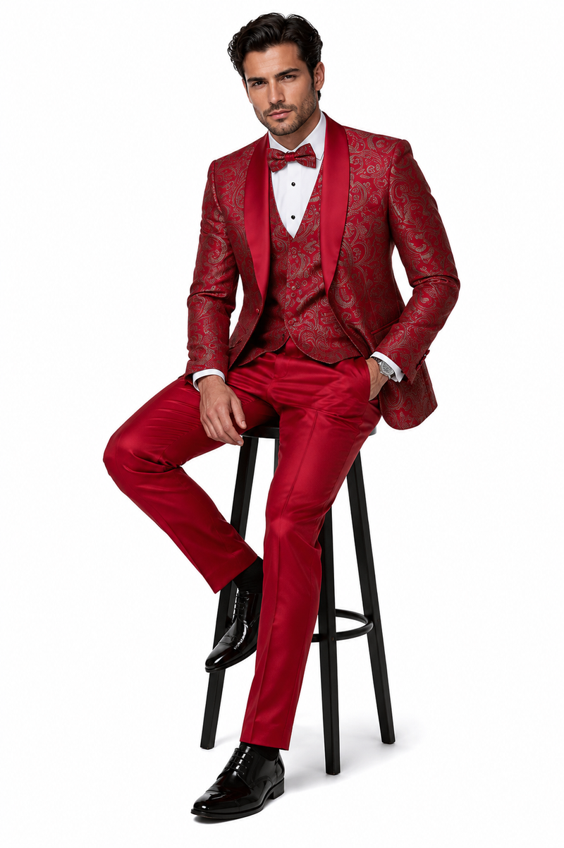 Mens Red Paisley Brocade Prom Tuxedo with Vested Double Breasted Suit - Wedding Ready