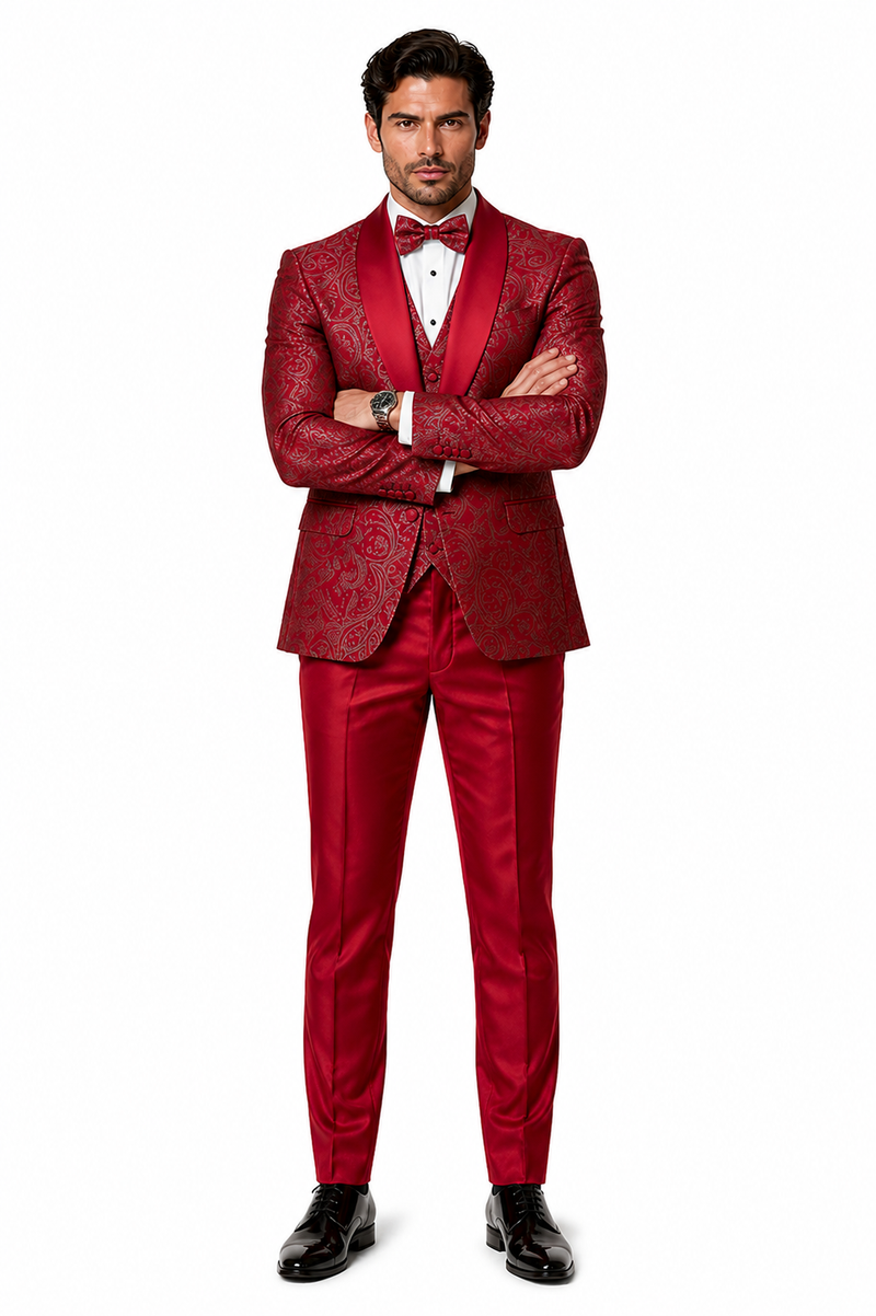 Mens Red Paisley Brocade Prom Tuxedo with Vested Double Breasted Suit - Wedding Ready