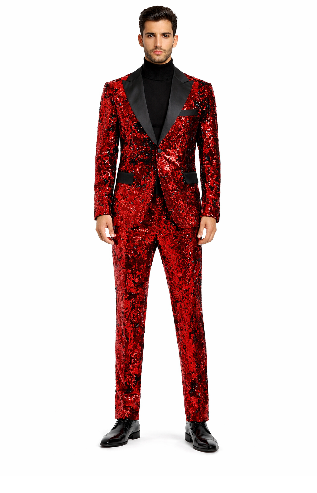 Mens Red Sequin Tuxedo Suit with Black Lapel - Luxury Slim Fit Blazer and  Pants Set Matching