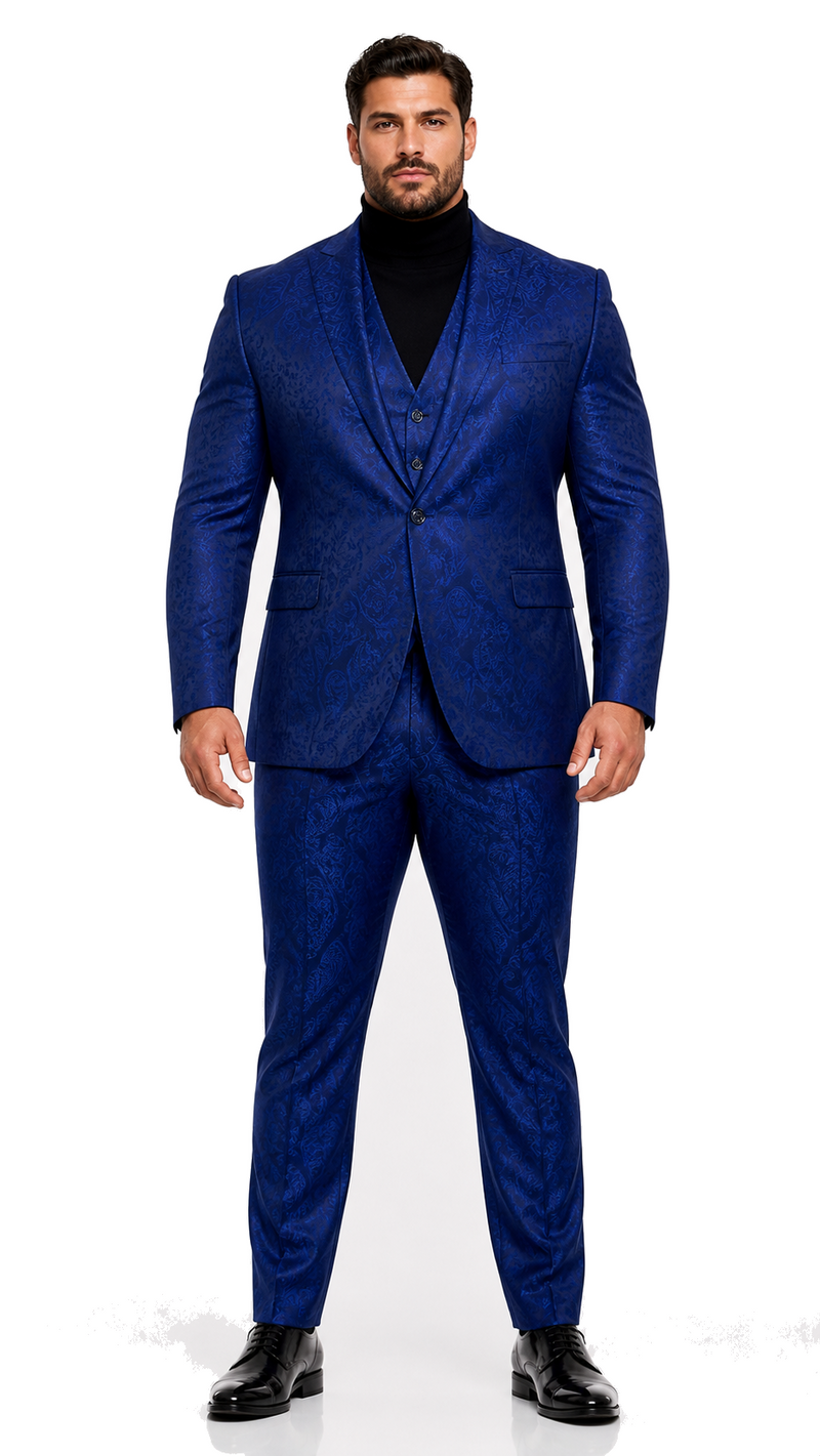 Men’s Sapphire Blue Paisley 3-Piece Suit – Slim Fit Designer Set for Weddings and Formal Events