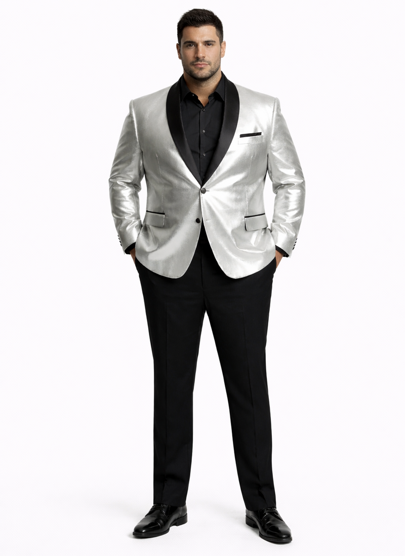 Men’s Shiny Silver Blazer with Black Lapel – Luxury Metallic Formal Jacket for Party, Evening and Special Events