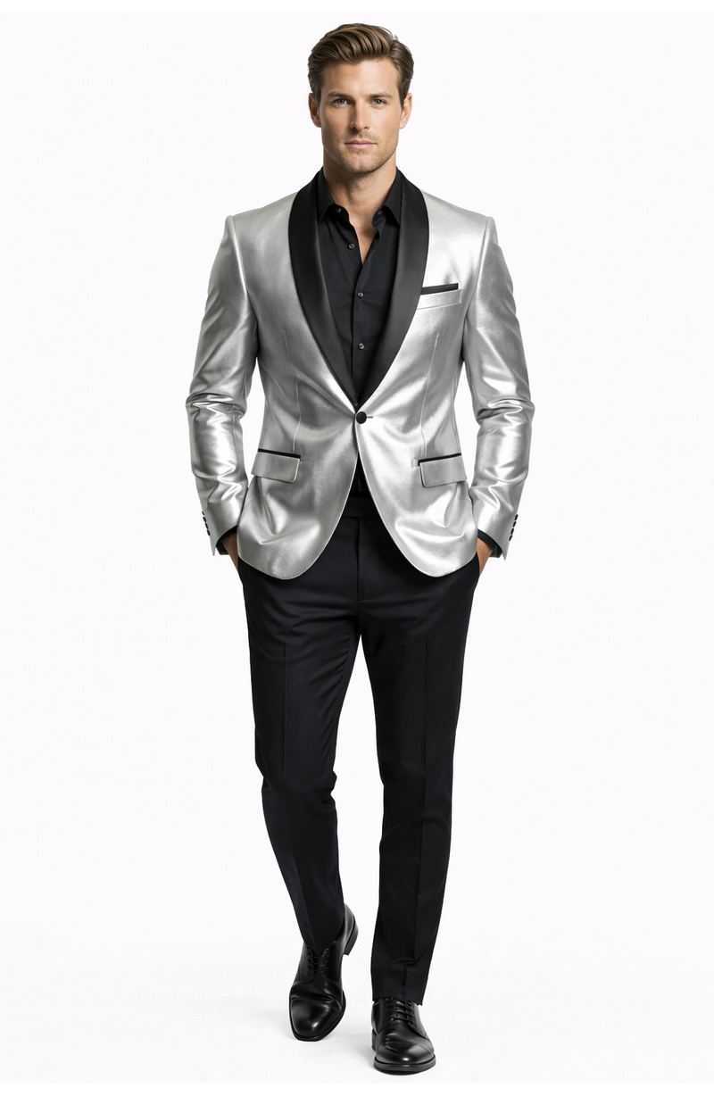 Men’s Shiny Silver Blazer with Black Lapel – Luxury Metallic Formal Jacket for Party, Evening and Special Events