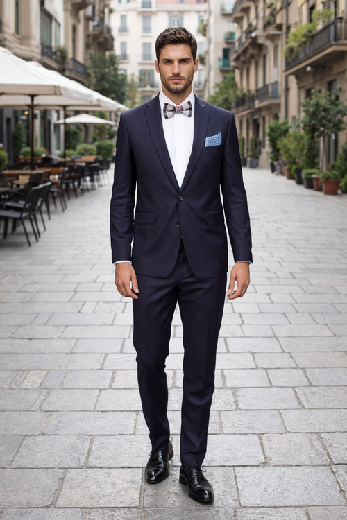 Men’s Slim Fit 100% Wool Suit by Rossiman Rossi – Peak Lapel Jacket & Plum Tapered Pants