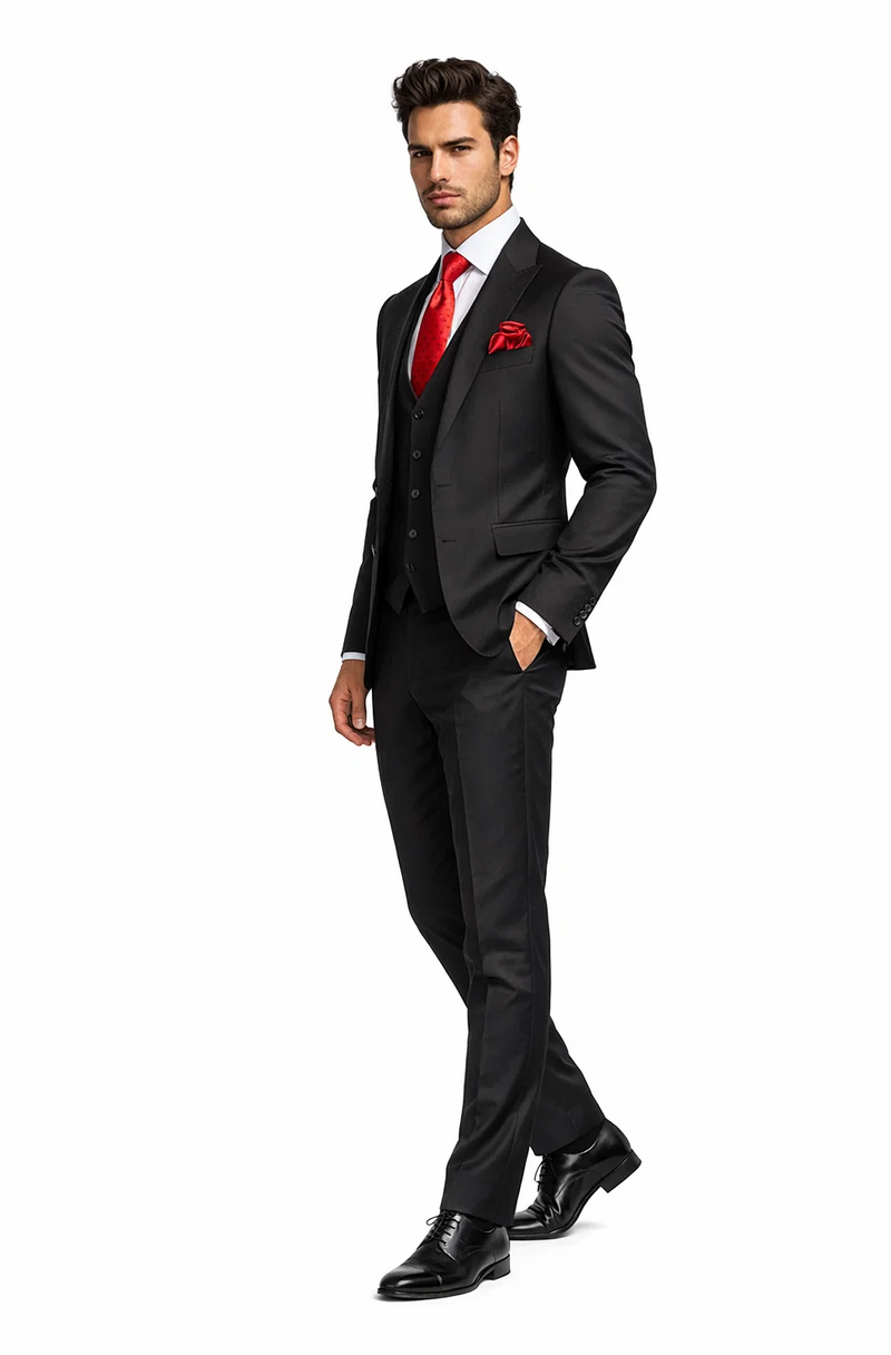 Rossi Man Men's Slim Fit Black Suit – Double-Breasted Vest, Elegant Formalwear
