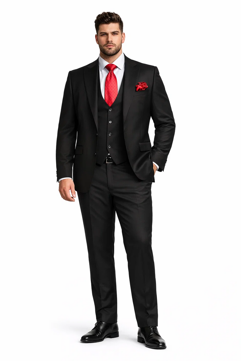 Rossi Man Men's Slim Fit Black Suit – Double-Breasted Vest, Elegant Formalwear