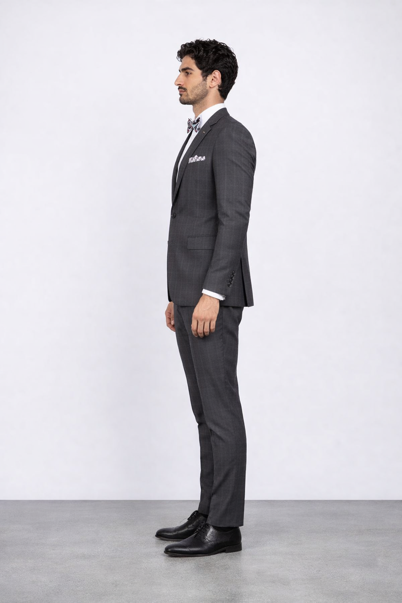 Mens Slim Fit Charcoal Plaid Suit by Rossiman Rossi - 1-Button Jacket & Tapered Pants