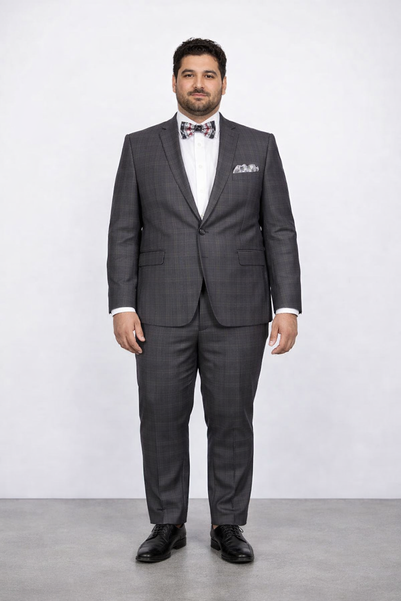 Mens Slim Fit Charcoal Plaid Suit by Rossiman Rossi - 1-Button Jacket & Tapered Pants
