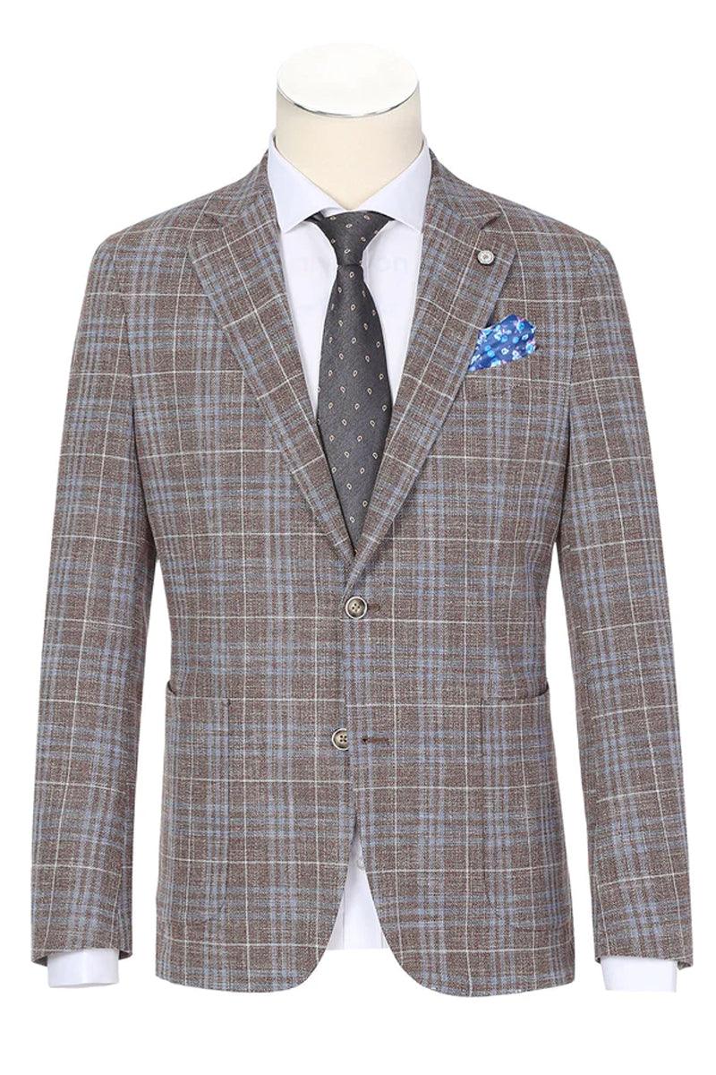 Men's slim fit blazer in tan & burgundy windowpane plaid. Two-button closure with patch pockets. Cotton blend, structured silhouette. A stylish, smart choice.