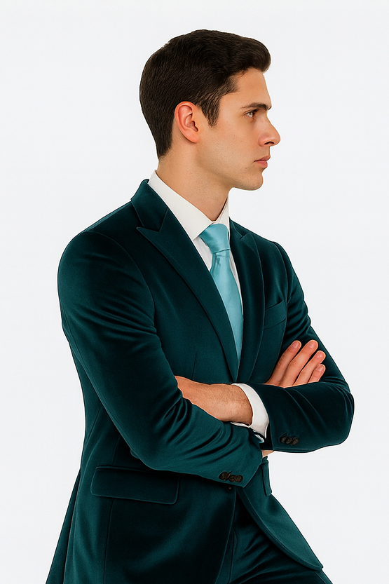 Teal velvet two-piece suit with a slim fit and peak lapels. Luxurious, soft fabric in a rich, deep teal color.